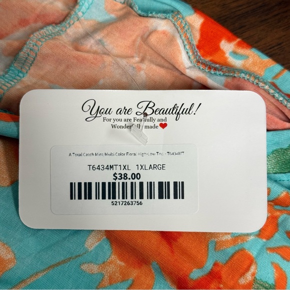 Tee for the Soul Floral Aqua and Orange High Low Women's Top. 1XL - Picture 7 of 7